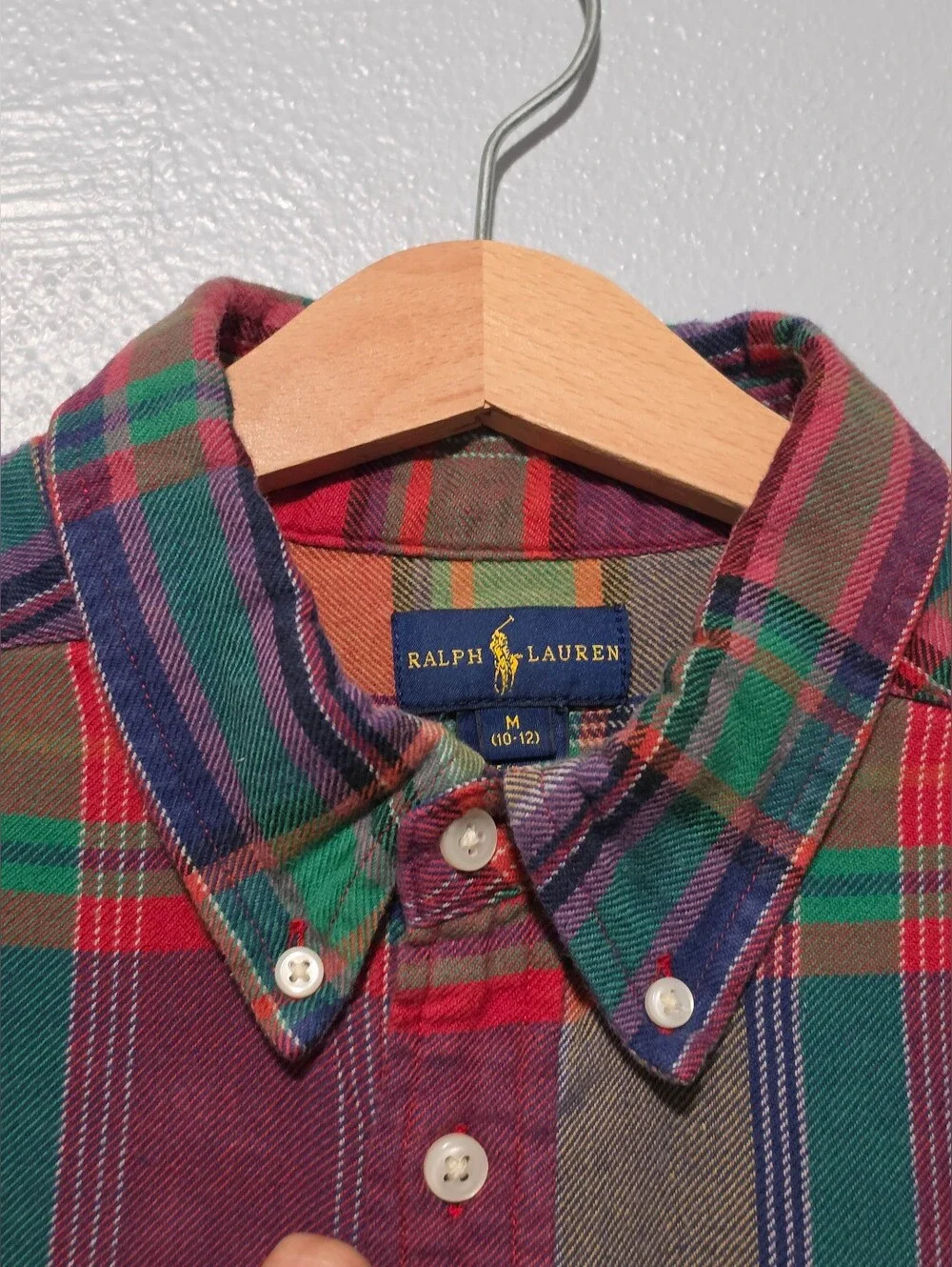 RALPH LAUREN Boys Medium 10-12 Madras Plaid Button Down Shirt Cotton Preppy